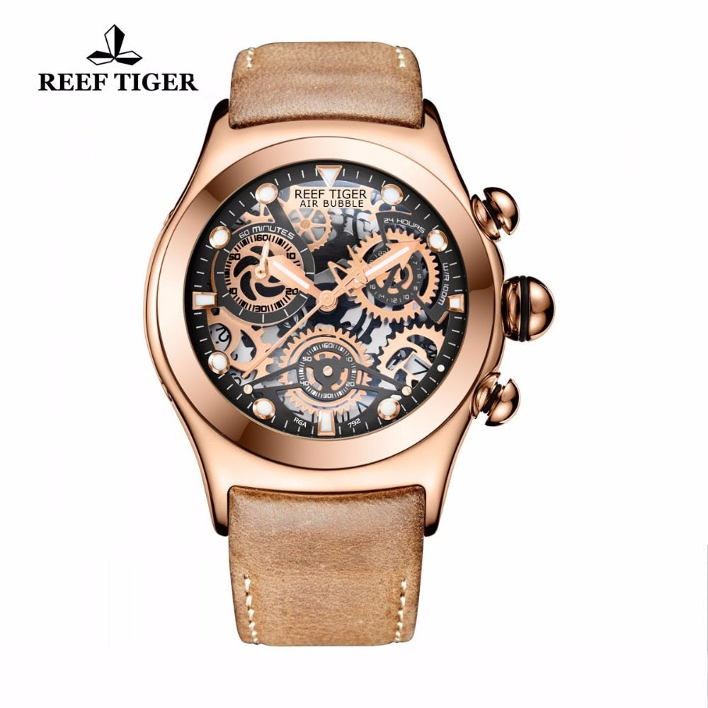 Reef Tiger/RT Mens Sport Watches Brown Leather Strap Skeleton Quartz Watches Chronograph Stop Watches RGA792