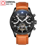 Carnival Sport Skeleton Tourbillon Watch Men Automatic Mechanical Watches Mens Leather Wristwatch Diving Clock montre homme