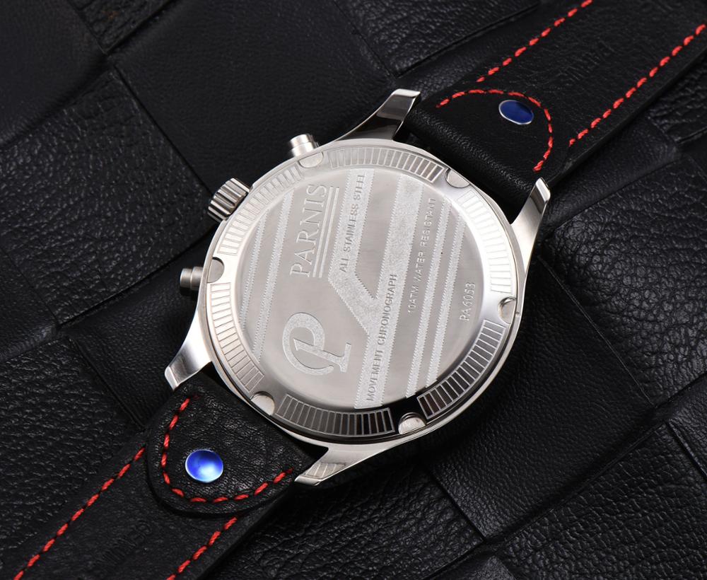 Newest 43mm Parnis Brand Quartz Watch Men Three Small Dial Chronograph Week Calendar Leather Quartz Pilot Military Men's Watches