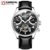 Carnival Sport Skeleton Tourbillon Watch Men Automatic Mechanical Watches Mens Leather Wristwatch Diving Clock montre homme