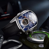 Reef  Tiger/RT Designer Sport Watches Tourbillon Blue Dial Analog Display Watches Rubber Strap Luminous Watch for Men RGA3069