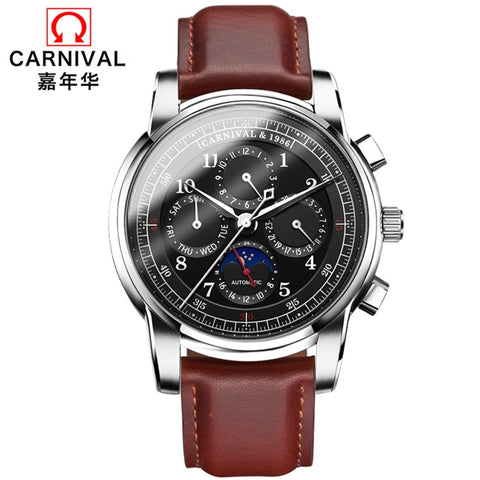 Mechanical Watch Men Water Resistant Vintage Leather Strap Moon Phase Date Week Month Top Zegarki Meskie marque de luxe karneval