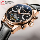 Carnival Sport Skeleton Tourbillon Watch Men Automatic Mechanical Watches Mens Leather Wristwatch Diving Clock montre homme