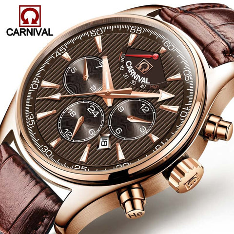 Carnival Luxury Brand Men Watches Vintage Automatic Mechanical Watch Calendar clock Military WristWatches leather Strap Relogio