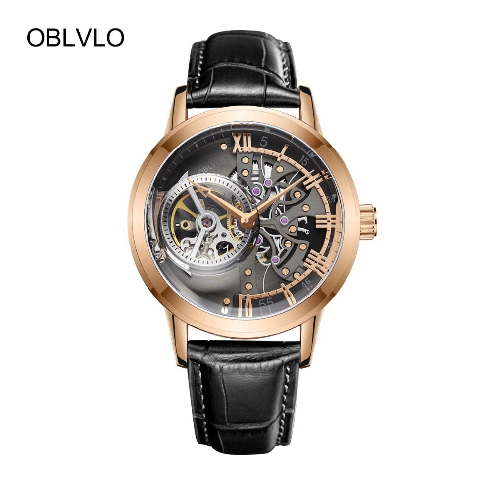 OBLVLO Casual Watches Mens Skeleton Dial Calfskin Leather Band Rose Gold Watches Automatic Watches for Men Montre Homme VM 1
