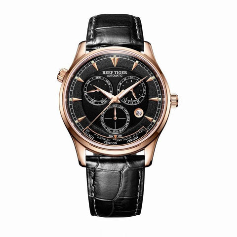 Reef Tiger/RT Mens Automatic World Time Watches with Date Day Month Rose Gold Leather Strap Watch Double Time Watch RGA1951