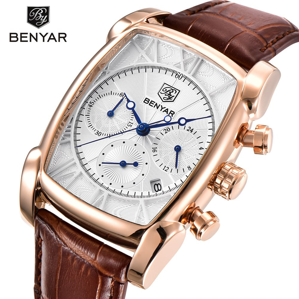 Benyar Square Men Watch Top Brand Luxury Business Waterproof Quartz Leather Sport Wrist Watch Men Clock Male Relogio Masculino