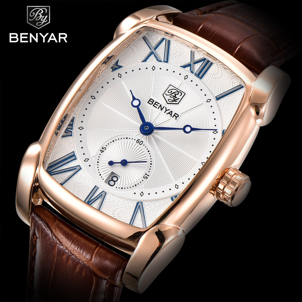 Business Men Watch Men Waterproof Leather Rectangle Quartz Wristwatch Male Clock Relogio Masculino BENYAR Brand