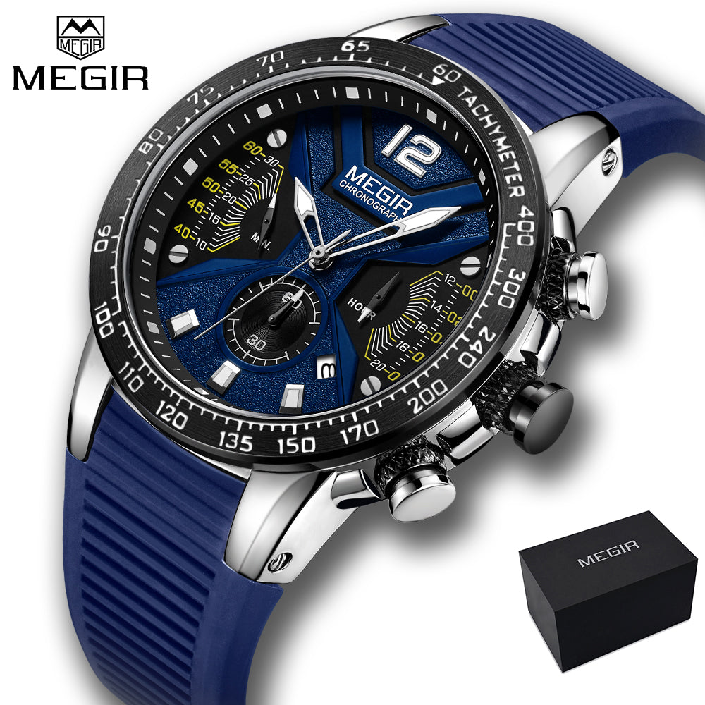 2019 New Top Brand Luxury Male MEGIR Men Sport Watch Date Chronograph Silicone Strap Quartz Army Military Watches Clock Gift Box