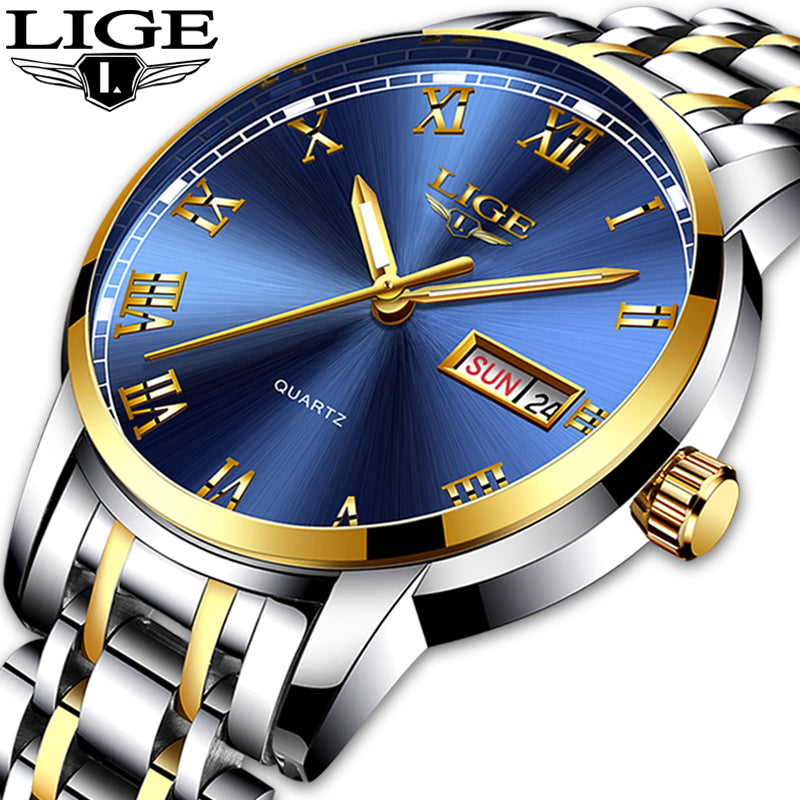 LIGE Watch Men Fashion Sports Quartz Full Steel Gold Business Men‘s Watches Top Brand Luxury Waterproof Watch Relogio Masculino