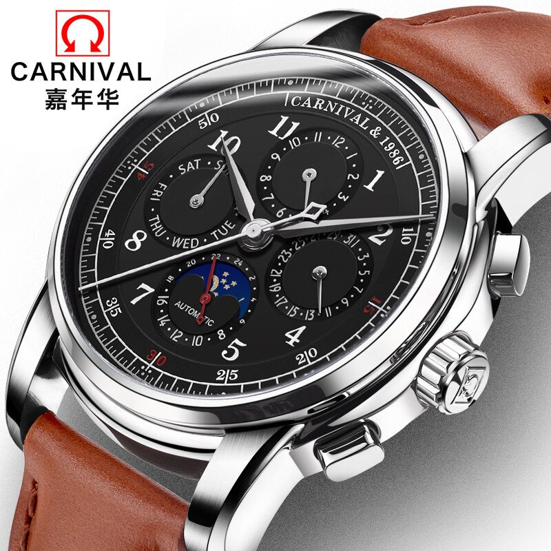 Mechanical Watch Men Water Resistant Vintage Leather Strap Moon Phase Date Week Month Top Zegarki Meskie marque de luxe karneval