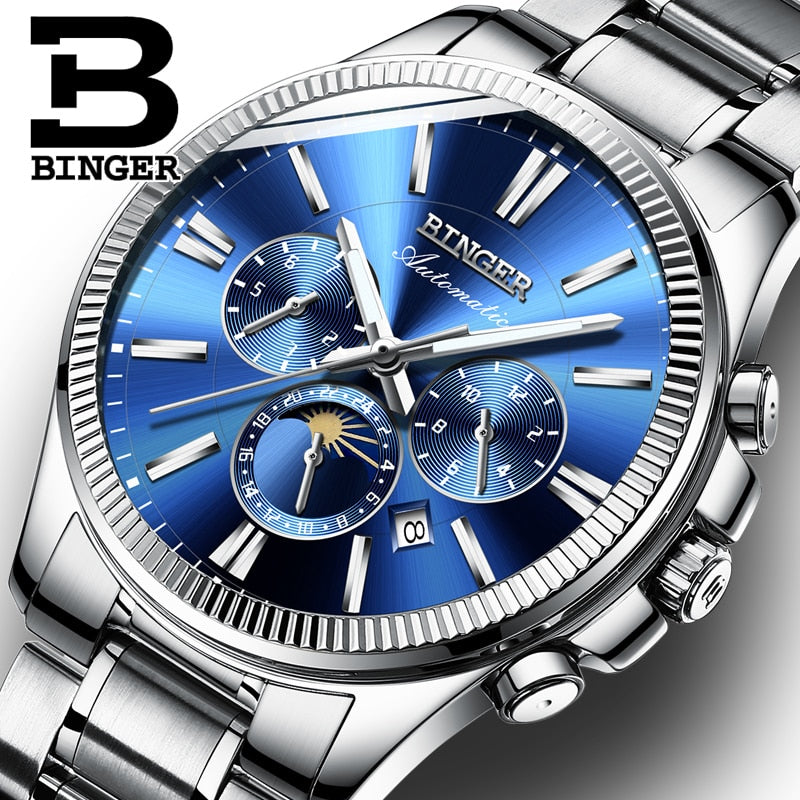 2019 Genuine Luxury BINGER Brand Men watch Self-wind waterproof full steel automatic mechanical male week month display fashion