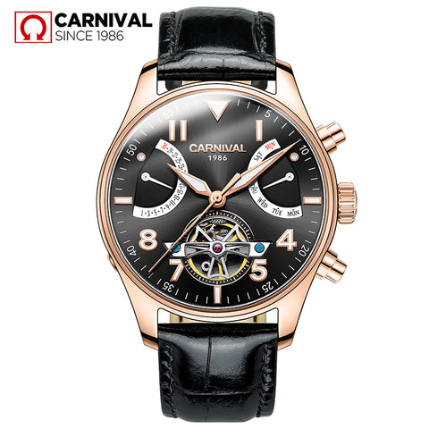 Carnival Sport Skeleton Tourbillon Watch Men Automatic Mechanical Watches Mens Leather Wristwatch Diving Clock montre homme