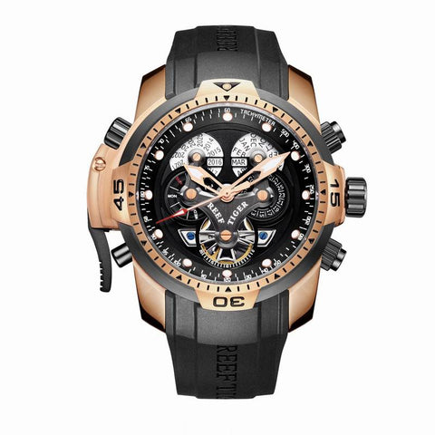 Reef Tiger/RT Mens Sport Watches Rubber Strap Complicated Dial Rose Gold Automatic Military Watches RGA3503