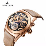 Reef Tiger/RT Mens Sport Watches Brown Leather Strap Skeleton Quartz Watches Chronograph Stop Watches RGA792
