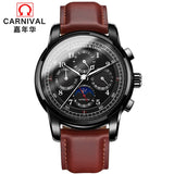 Mechanical Watch Men Water Resistant Vintage Leather Strap Moon Phase Date Week Month Top Zegarki Meskie marque de luxe karneval
