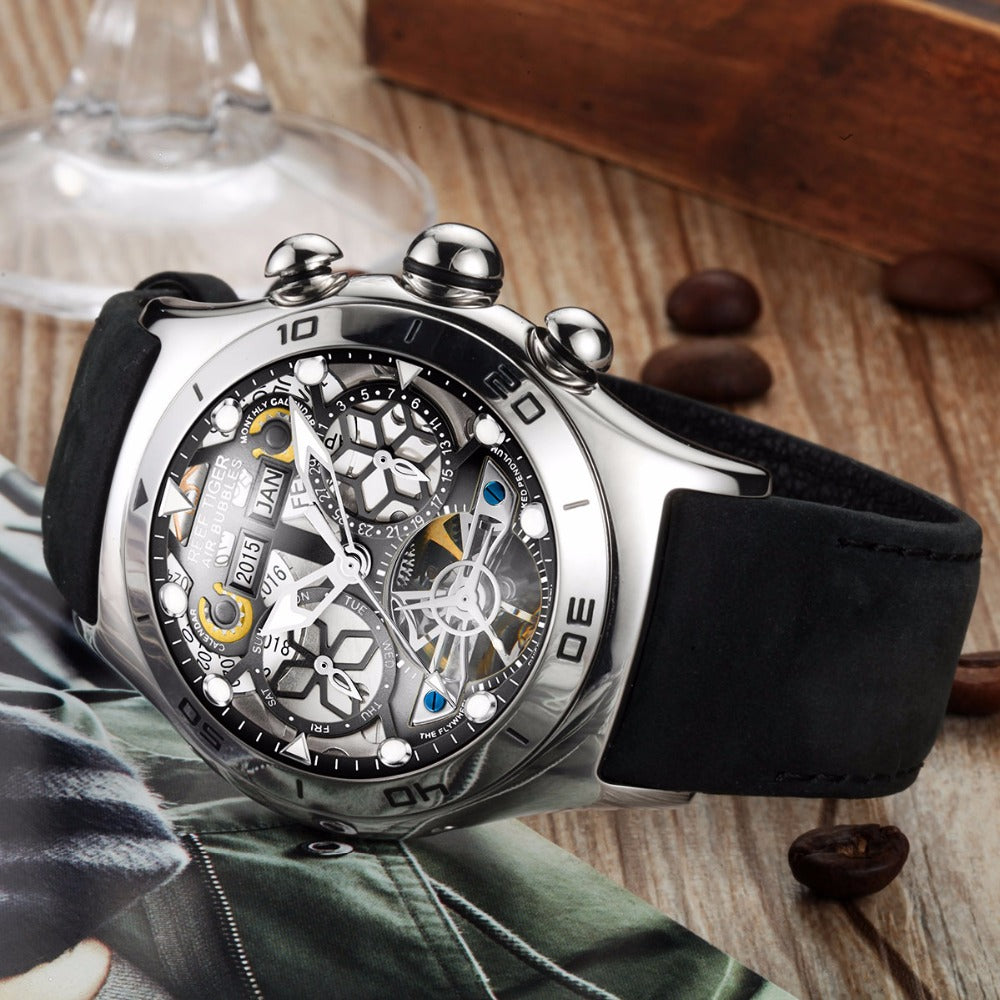 Reef Tiger/RT Luminous Sport Watches For Men Steel Tourbillon Watch Year Month Calendar Automatic Watch Relogio Masculino RGA703