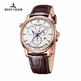 Reef Tiger/RT Mens Automatic World Time Watches with Date Day Month Rose Gold Leather Strap Watch Double Time Watch RGA1951