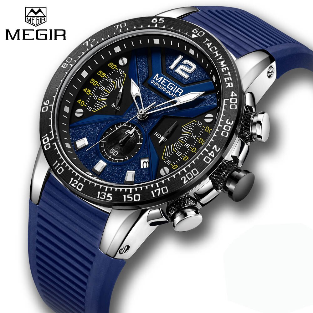 2019 New Top Brand Luxury Male MEGIR Men Sport Watch Date Chronograph Silicone Strap Quartz Army Military Watches Clock Gift Box
