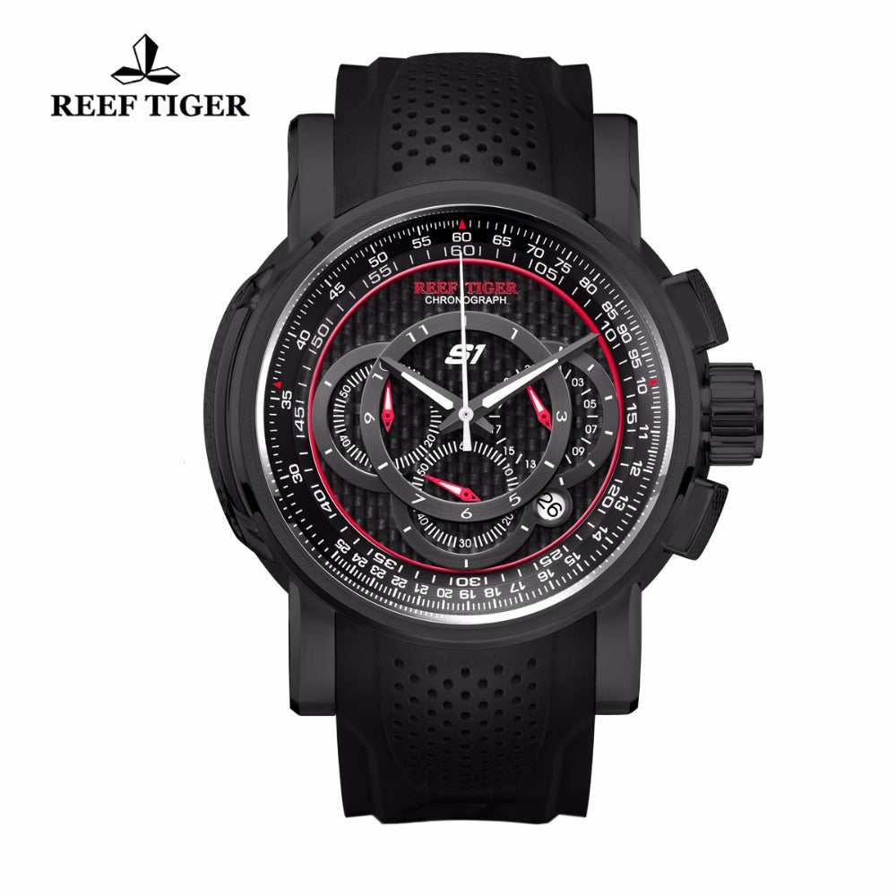 Reef Tiger/RT Outdoor Sport Quartz Watch with Chronograph Date Black Steel Rubber Strap Watches For Men RGA3063