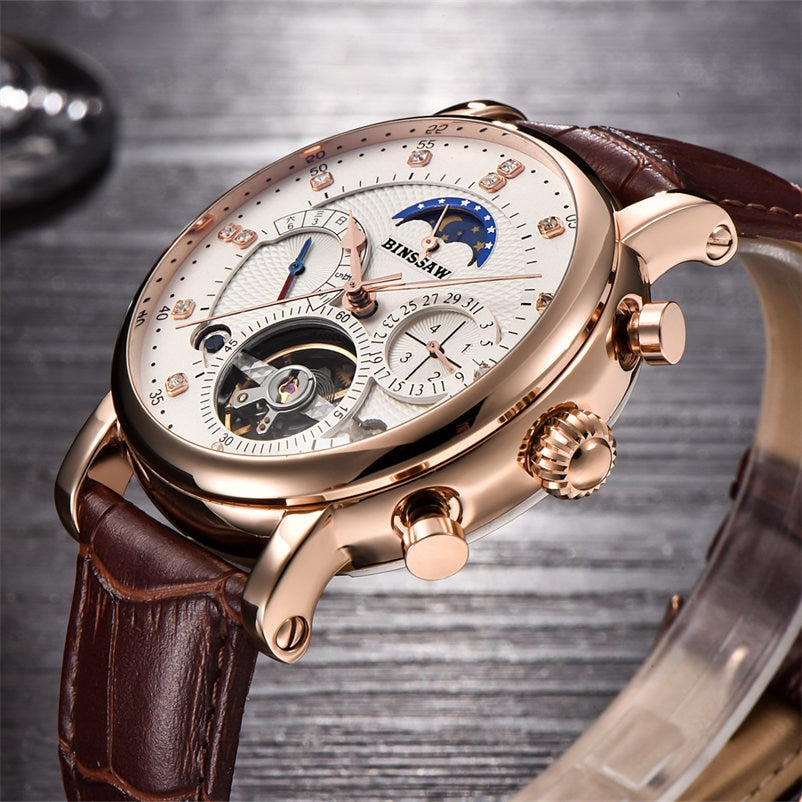 BINSSAW Men Watch Mechanical Tourbillon Luxury Fashion Brand  Leather Man Sport  Watches Mens  Automatic Watch Relogio Masculino