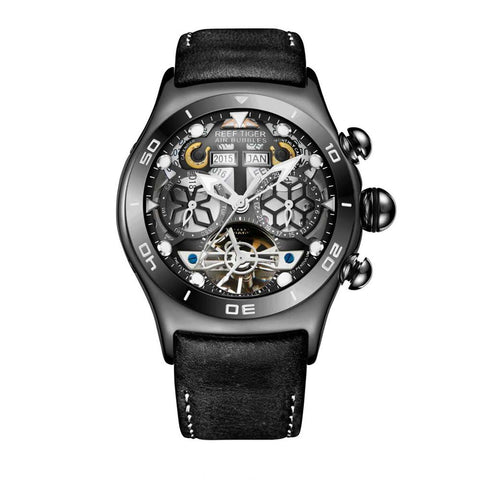 Reef Tiger Mens Sport Watches Waterproof Luxury Rose Gold Skeleton Automatic Watches Tourbillon Leather Strap Watches RGA703