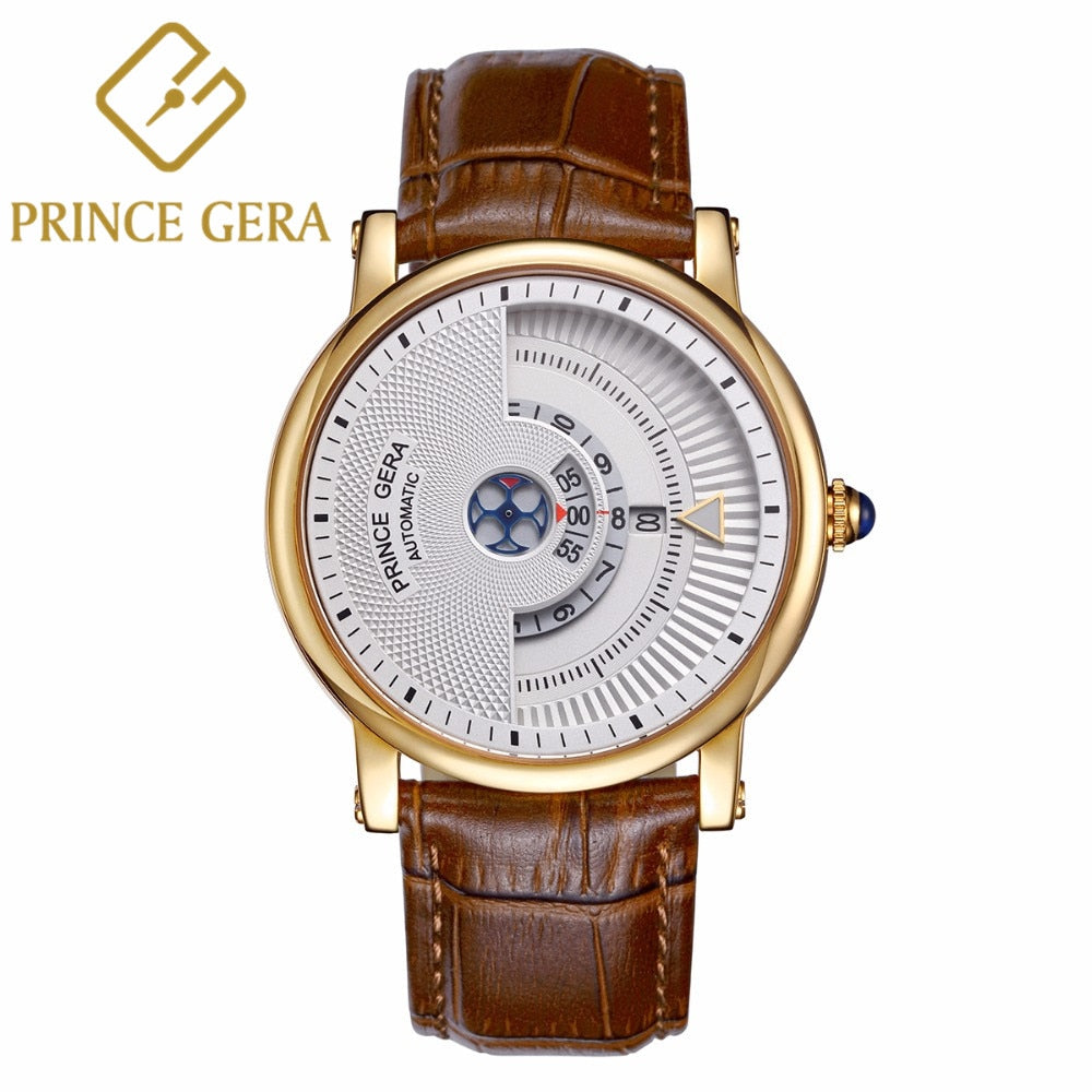 PRINCE GERA Men's Unique Dial Genuine Leather Automatic Mechanical Watch Rose Gold Ultra Thin Men's Waterproof Men's Watch es