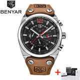BENYAR Big Dial Sport Watch Men Waterproof Outdoor Military Chronograph Quartz Leather Watch Army Male Clock Relogio Masculino