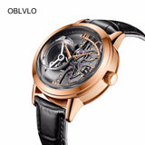 OBLVLO Casual Watches Mens Skeleton Dial Calfskin Leather Band Rose Gold Watches Automatic Watches for Men Montre Homme VM 1