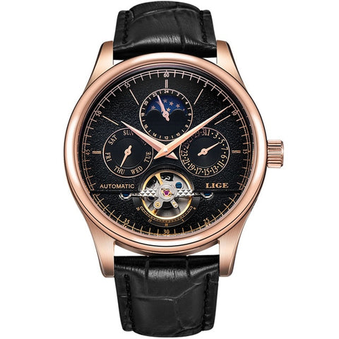 LIGE Brand Men Watches Automatic Mechanical Watch Tourbillon Sport Clock Leather Casual Business Wrist Watch Gold Relojes Hombre