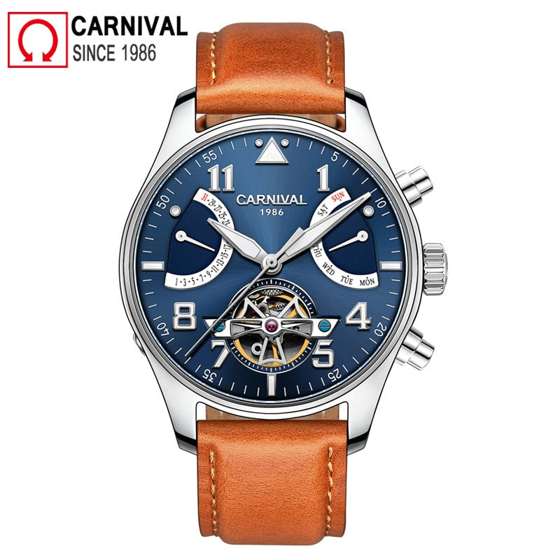 Carnival Sport Skeleton Tourbillon Watch Men Automatic Mechanical Watches Mens Leather Wristwatch Diving Clock montre homme