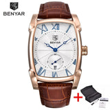 Business Men Watch Men Waterproof Leather Rectangle Quartz Wristwatch Male Clock Relogio Masculino BENYAR Brand