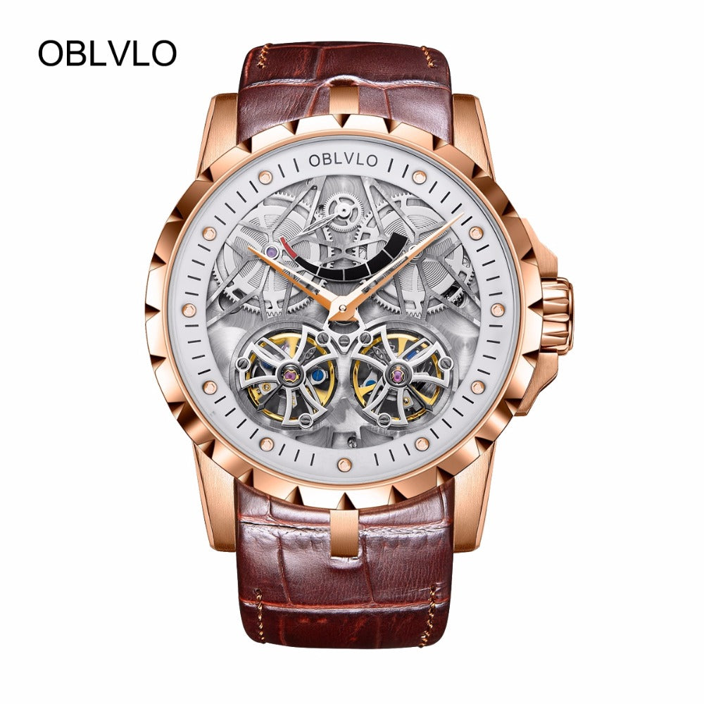 2019 New Design OBLVLO Brand Luxury Transparent Hollow Skeleton Watches for Men Tourbillon Rose Gold Automatic Watches OBL3609