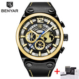 BENYAR Big Dial Sport Watch Men Waterproof Outdoor Military Chronograph Quartz Leather Watch Army Male Clock Relogio Masculino