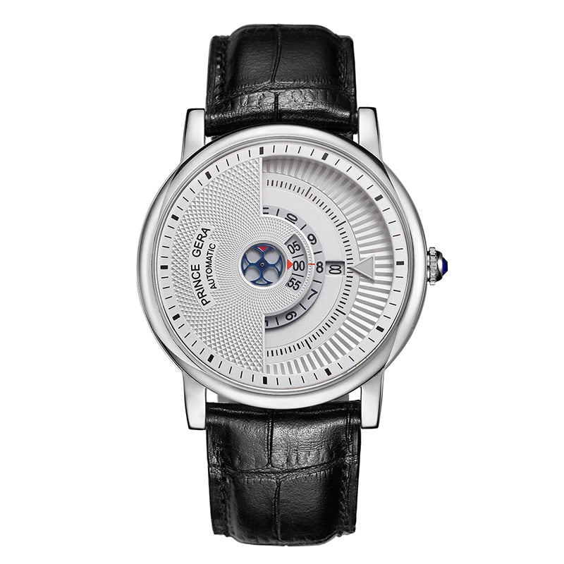 PRINCE GERA Men's Unique Dial Genuine Leather Automatic Mechanical Watch Rose Gold Ultra Thin Men's Waterproof Men's Watch es