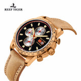 Reef Tiger/RT Sport Watch for Men Chronograph Quartz Watch With And Super Luminous Watch Italian Calfskin Leather Band RGA3029