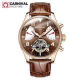 Carnival Sport Skeleton Tourbillon Watch Men Automatic Mechanical Watches Mens Leather Wristwatch Diving Clock montre homme