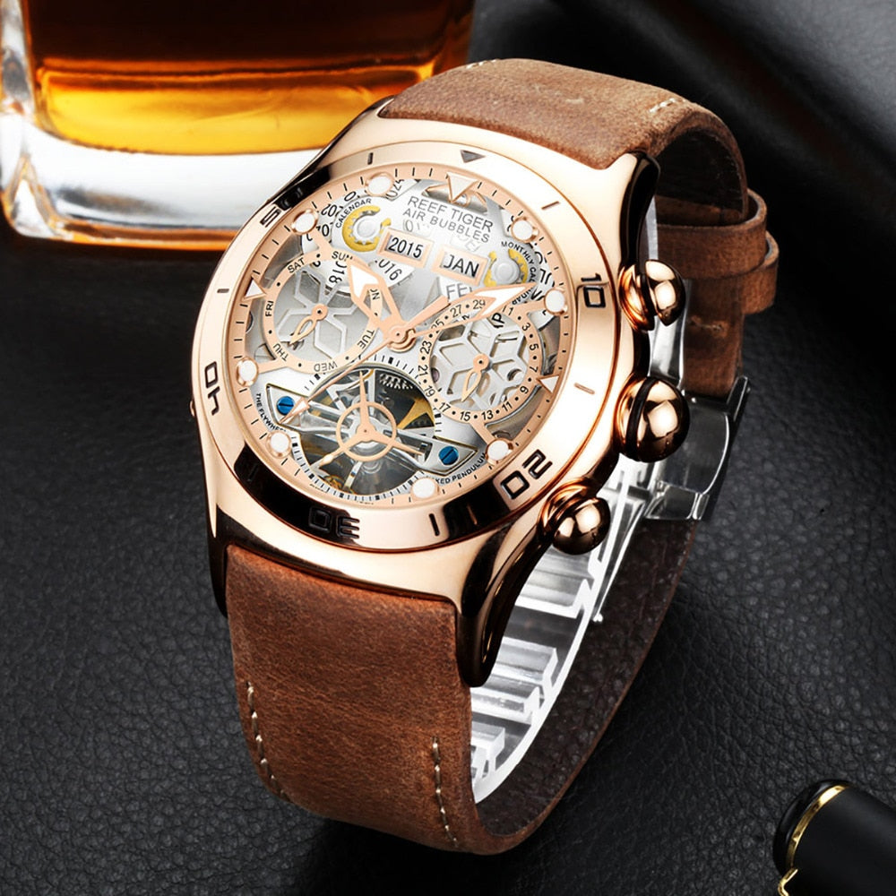 Reef Tiger Mens Sport Watches Waterproof Luxury Rose Gold Skeleton Automatic Watches Tourbillon Leather Strap Watches RGA703
