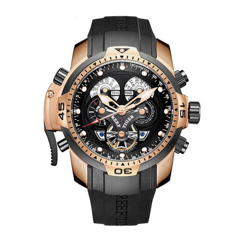 Reef Tiger Aurora Serier RGA3503 Men Sport Military Multifunction Dial Automatic Mechanical Wrist Watch - Rubber Watchband