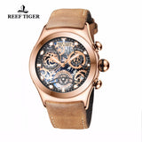 Reef Tiger/RT Mens Sport Watches Brown Leather Strap Skeleton Quartz Watches Chronograph Stop Watches RGA792