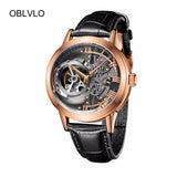 OBLVLO Casual Watches Mens Skeleton Dial Calfskin Leather Band Rose Gold Watches Automatic Watches for Men Montre Homme VM 1