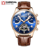 Carnival Sport Skeleton Tourbillon Watch Men Automatic Mechanical Watches Mens Leather Wristwatch Diving Clock montre homme