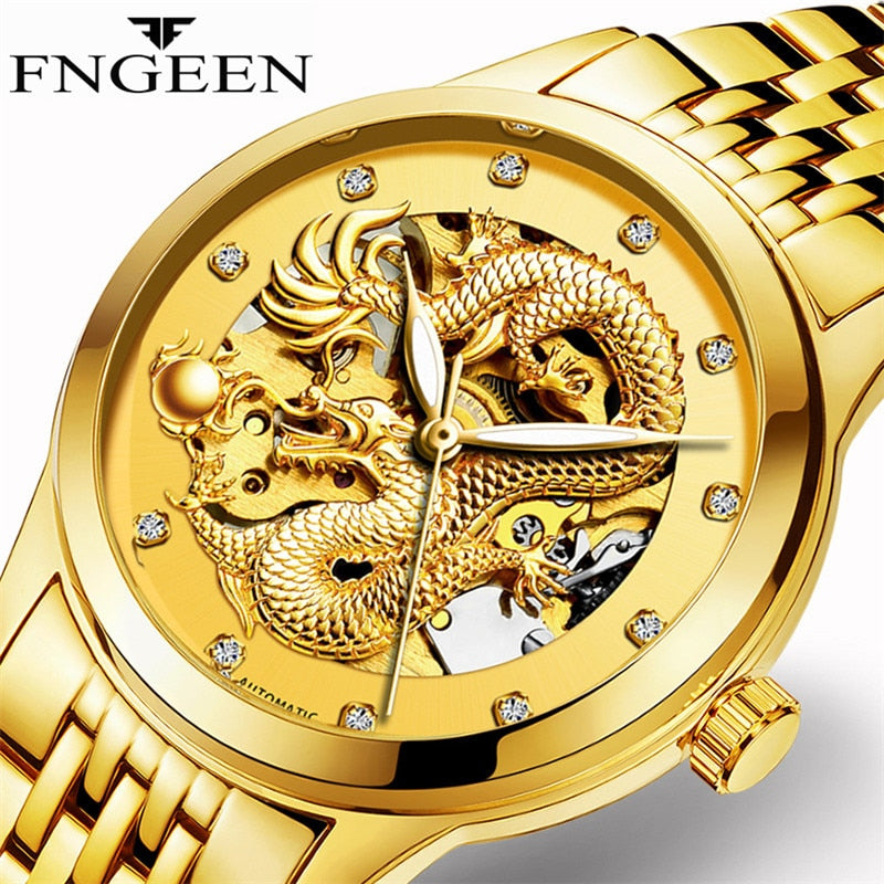 FNGEEN Men Watch Design Business Gold Dragon Mens Top Brand Luxury Automatic Fashion Mechanical Watch Clock Relogio Masculino