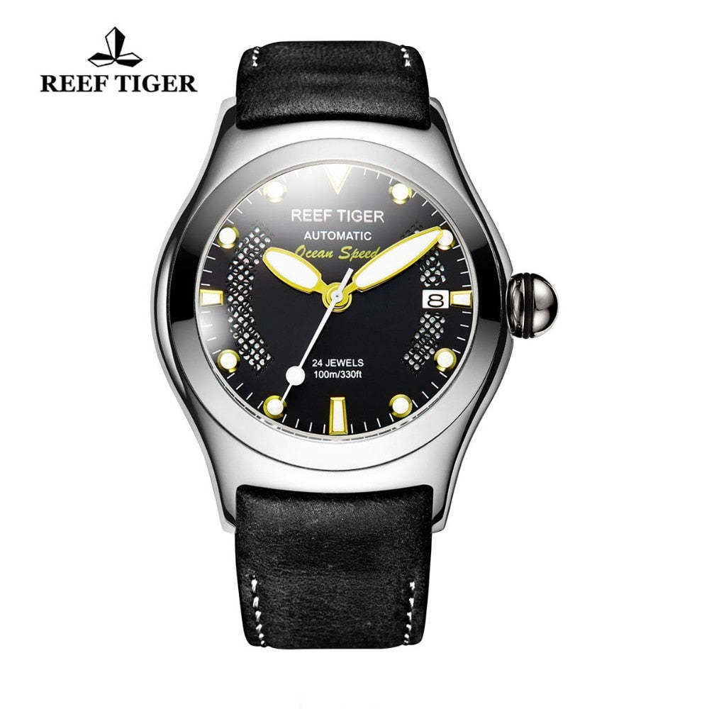 Reef Tiger/RT Sport Watches for Men Steel Big Skeleton Dial Watches Automatic Watches Leather Strap RGA704
