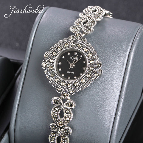 JIASHUNTAI Vintage 100% Silver 925 Watch For Women Retro 925 Sterling Silver Clock Female Fashion Bracelets Watch Jewelry