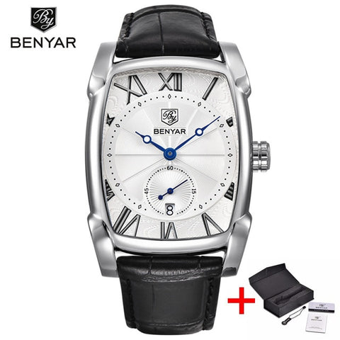 Business Men Watch Men Waterproof Leather Rectangle Quartz Wristwatch Male Clock Relogio Masculino BENYAR Brand