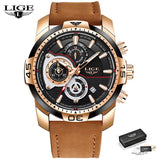 2019 LIGE Mens Watches Top Brand Luxury Casual Leather Quartz Clock Male Sport Waterproof Watch Gold Watch Men Relogio Masculino