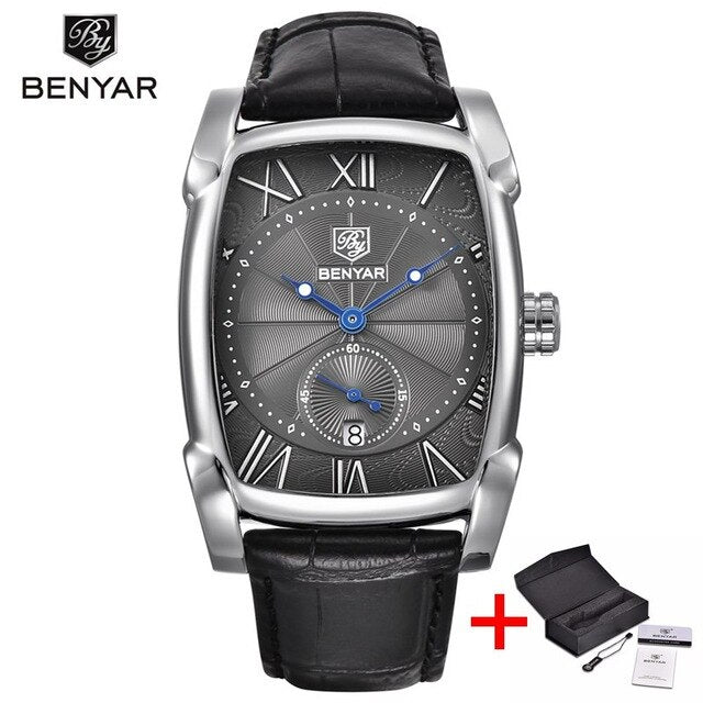 Business Men Watch Men Waterproof Leather Rectangle Quartz Wristwatch Male Clock Relogio Masculino BENYAR Brand
