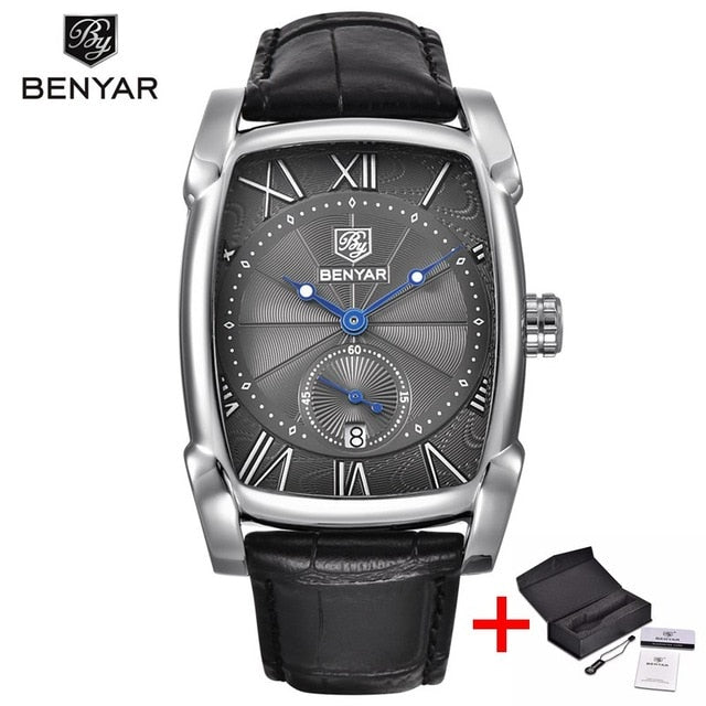 Business Men Watch Men Waterproof Leather Rectangle Quartz Wristwatch Male Clock Relogio Masculino BENYAR Brand