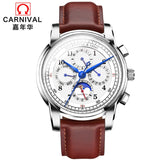 Mechanical Watch Men Water Resistant Vintage Leather Strap Moon Phase Date Week Month Top Zegarki Meskie marque de luxe karneval